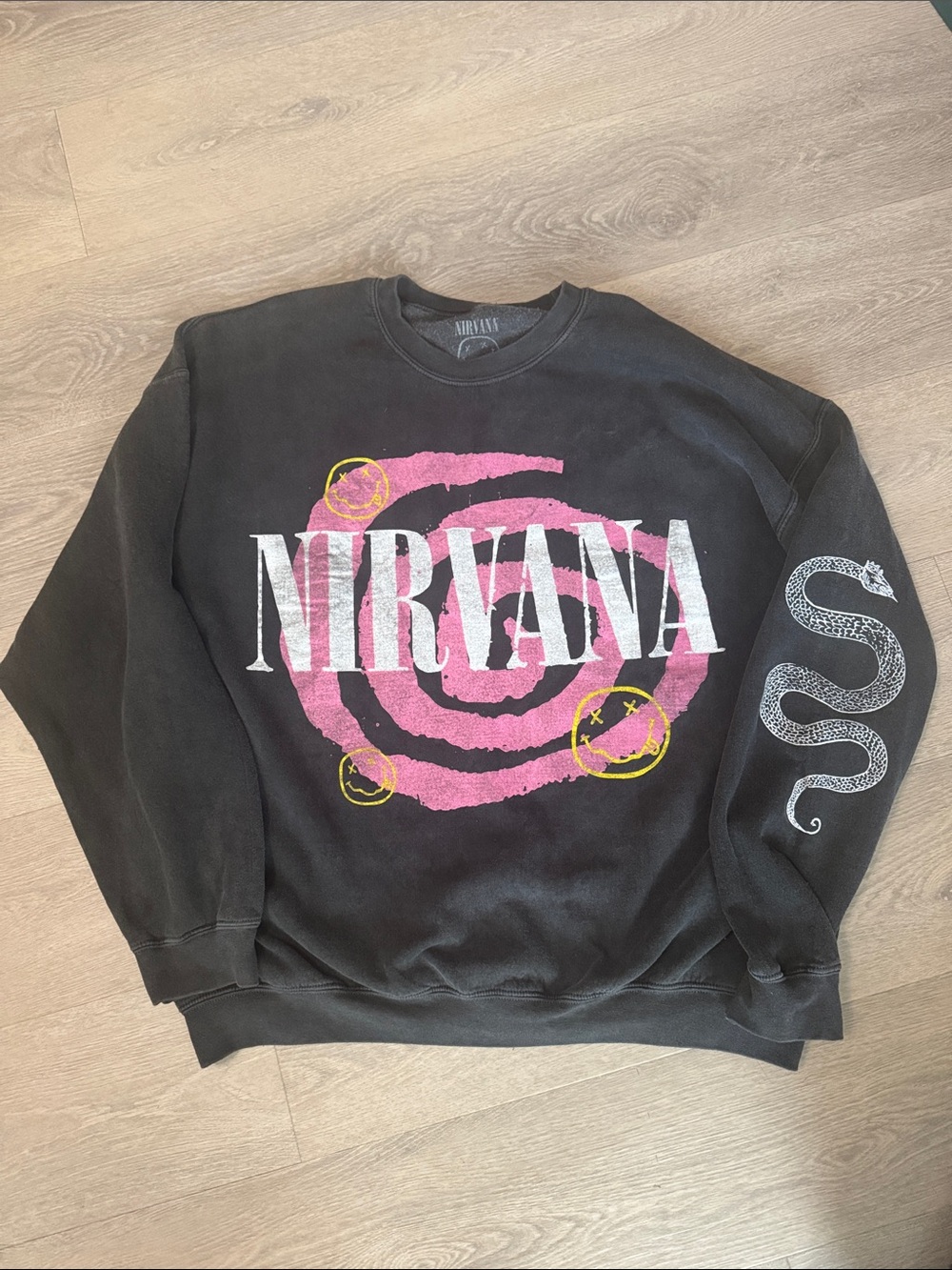 Urban Outfitters Black Nirvana Crewneck with Pink Spiral and Yellow Accents